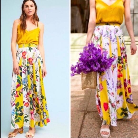 Rococo Sand yellow floral maxi skirt satin spring summer circle skirt - Picture 1 of 11